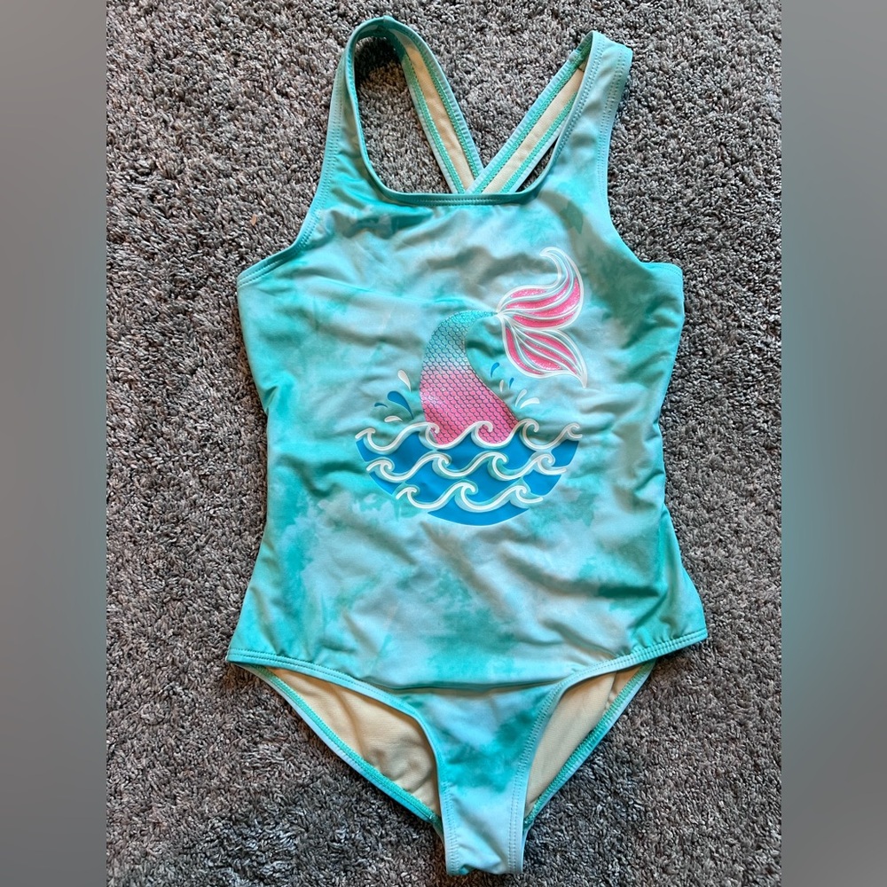 Girl’s Lands’ End Blue Mermaid Tail Bathing Suit Size Medium (10/12)